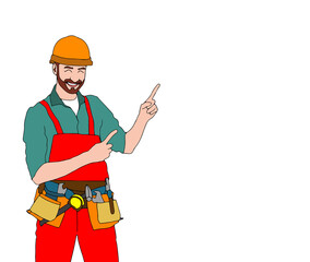 Two index fingers pointing. Worker in Santa hat showing somewhere. Full length portrait of worker in a flat style. Vector illustration.
