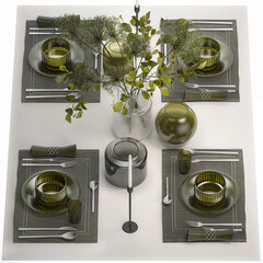 Stylish Table Setting For 4 Persons With A Bouquet, with green glass
