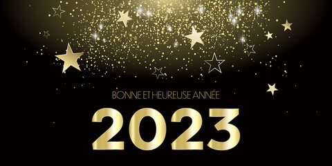 French Happy New Year 2023 - Black and gold design with stars and confetti greeting card banner
