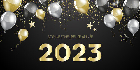 French Happy New Year 2023 - Black and gold  balloons design with stars and confetti greeting card banner