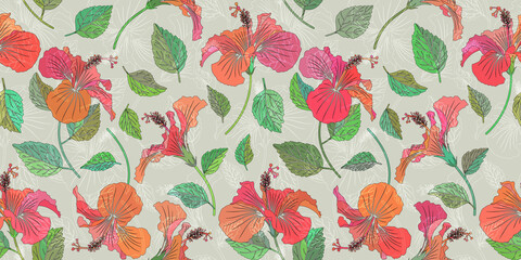 Summer flower seamless pattern. Tropical flowers bright color background. Hibiscus flower with leaves realistic repeatable backdrop.