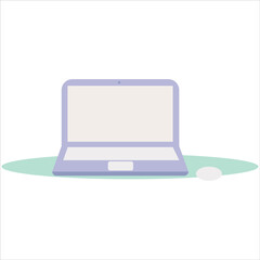 Vector flat illustration. Gentle purple laptop with a mouse on an isolated white background. Green stand for the device.Laptop for girls.Laptop flat icon.