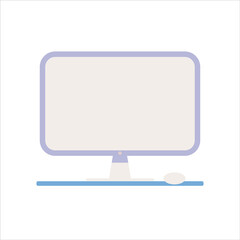 Vector flat illustration. Computer with mouse in pink-purple color on isolated former background. Monitor for girls.Realistic mono block computer monitor for PC. Vector eps 10.