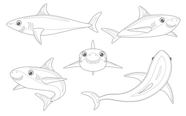 Outlined sharks set. Cartoon sea animals set for drawing. Coloring book of funny ocean fish characters. Comic sharks emotions. Vector illustrations.	