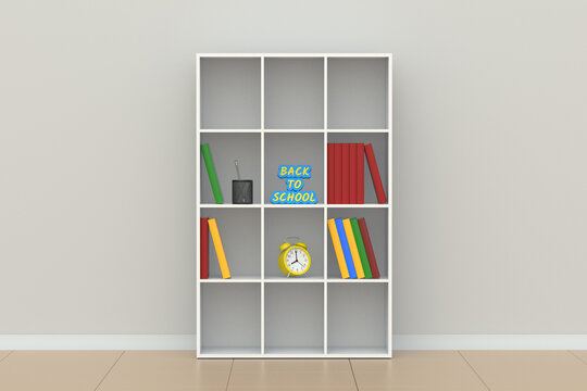 Word back to school and stationery accessories on bookshelves. Education concept. 3d render