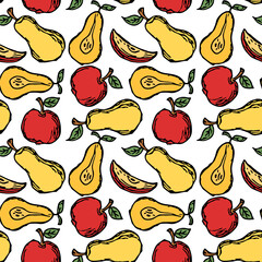 Seamless fruit pattern. Colored apple and pear background. Doodle vector illustration with fruits