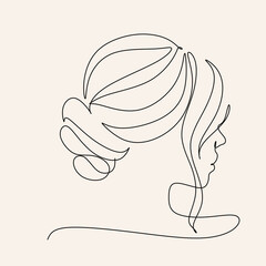 Woman Line Art Minimalist Logo. Nature Organic Cosmetics Makeup Hair stylist.  Feminine Illustration line drawing. Woman face with beautiful hair.  Woman portrait. Abstract Modern surreal continuous
