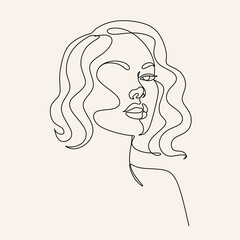 Woman Line Art Minimalist Logo. Nature Organic Cosmetics Makeup Hair stylist.  Feminine Illustration line drawing. Woman face with beautiful hair.  Woman portrait. Abstract Modern surreal continuous