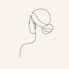 Woman Line Art Minimalist Logo. Nature Organic Cosmetics Makeup Hair stylist.  Feminine Illustration line drawing. Woman face with beautiful hair.  Woman portrait. Abstract Modern surreal continuous