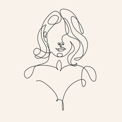 Woman Line Art Minimalist Logo. Nature Organic Cosmetics Makeup Hair stylist.  Feminine Illustration line drawing. Woman face with beautiful hair.  Woman portrait. Abstract Modern surreal continuous