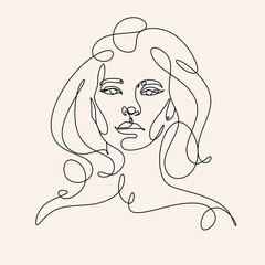 Woman head vector lineart illustration. One Line style drawing.