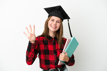 Young English student woman isolated on white background happy and counting four with fingers