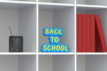 Word back to school and stationery accessories on bookshelves. Education concept. 3d render