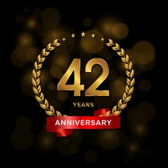 42 years anniversary logo with golden laurel and red ribbon for booklet, leaflet, magazine, brochure poster, banner, web, invitation or greeting card. Vector illustrations.