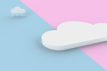 Cloud-shaped product display podium with rain on the sky for baby and kid in 2-tone pastel color background. 3D rendering.