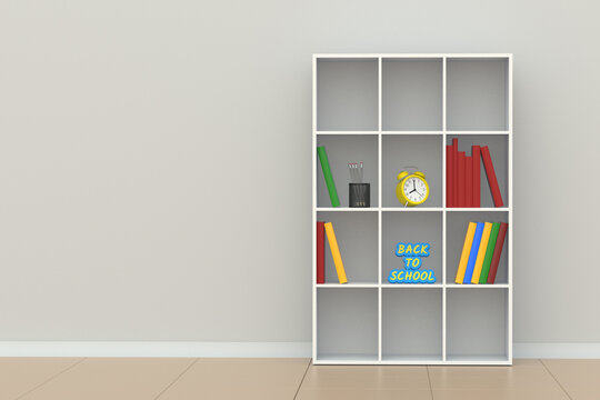 Word back to school and stationery accessories on bookshelves. Education concept. Copy space. 3d render