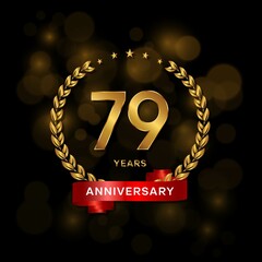 79 years anniversary logo with golden laurel and red ribbon for booklet, leaflet, magazine, brochure poster, banner, web, invitation or greeting card. Vector illustrations. - obrazy, fototapety, plakaty