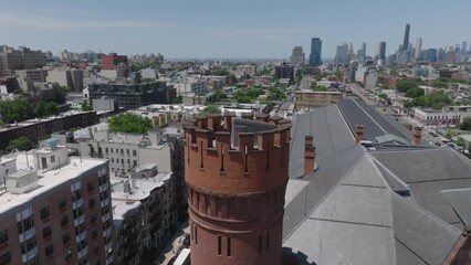flying clockwise around turret of Atlantic Armory Shelter in Brooklyn