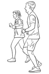 Outline drawing of couple young people on wellness running in park