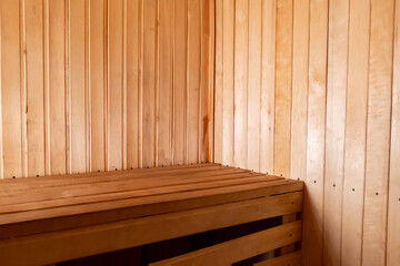Fototapeta na wymiar Interior details of traditional Finnish sauna steam room. Traditional old Russian bathhouse SPA Concept. Relax country village bath concept.