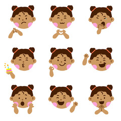 Cute Black Hair Black Eye Girl Kids Children Different Expression Emotions Emotional Emoticon Hand Doodle Character Feelings Faces Collection Set Icon Vector illustration