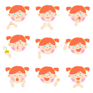 Cute Red Hair Blue Eye Girl Kids Children Different Expression Emotions Emotional Emoticon Hand Doodle Character Feelings Faces Collection Set Icon Vector illustration