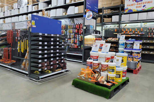 PENANG, MALAYSIA - 18 JUNE 2022: Wide range of paints, building materials and hardware in HomePro, Penang. HomePro is a hypermarket of home product and building construction in Malaysia.