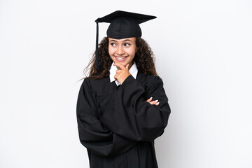 Young university graduate Arab woman isolated on white background looking to the side