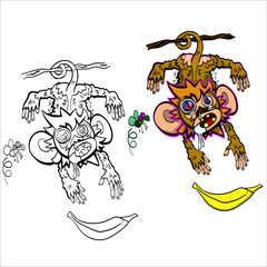 Hand drawn vector illustration of a cute doodle funny monkey , with banana and fly. Isolated objects on white background.Doodle style flat design. Concept for children print.