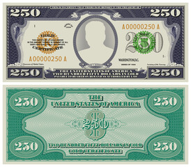 Vectoe fictional obverse and reverse of a gold certificate with a face value of 250 dollars. US paper money. Kennedy - obrazy, fototapety, plakaty