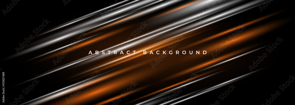 Poster black abstract background with orange and white stripes. modern dark wide abstract banner design. ve
