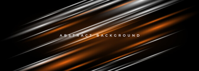 Black abstract background with orange and white stripes. Modern dark wide abstract banner design. Vector illustration
