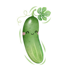 Watercolor cute cucumber cartoon character. Vector illustration