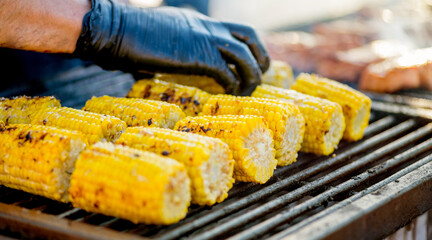 BBQ corn. Hands in gloves flip corn on an open barbecue fire. Corn on a charcoal grill.Picnic in the backyard during a family holiday.