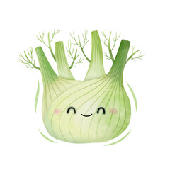 Watercolor cute fennel cartoon character. Vector illustration.