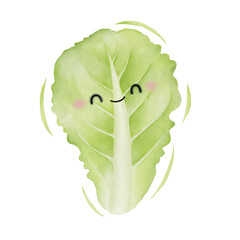 Watercolor cute lettuce leaf cartoon character. Vector illustration.