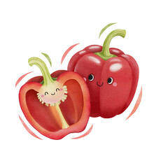Watercolor cute red bell pepper cartoon character. Vector illustration.