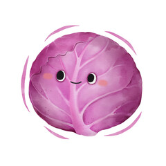 Watercolor cute red cabbage cartoon character. Vector illustration.