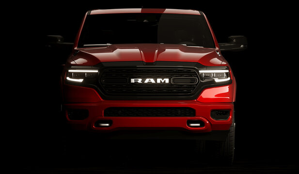 Almaty, Kazakhstan-June 2022: Dodge RAM 1500 truck on the dark background. 3d render