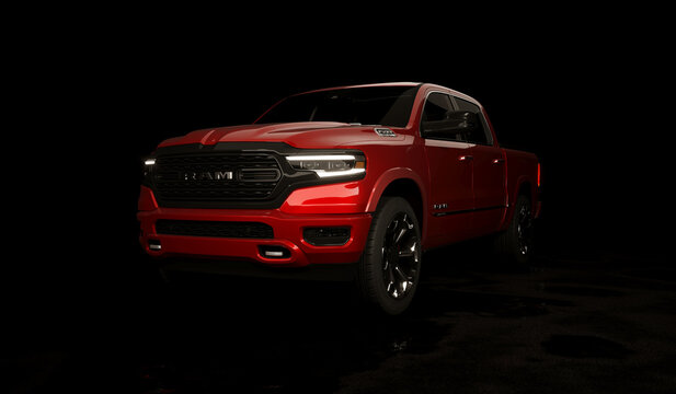 Almaty, Kazakhstan-June 2022: Dodge RAM 1500 truck on the dark background. 3d render