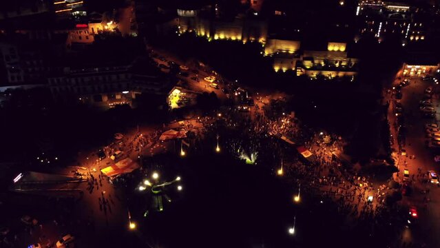 Tbilisi, Georgia - 20th June, 2022: Aerial view people march in streets on major EU-pro rally event. Thousands of people on peaceful demonstration event. Pro-Europe rally event in capital city Georgia