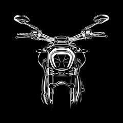 Cruiser Motorcycle Touring Silhouette Front View on Black Background. Can be used for printed on Motorcycle Club t-shirt, background, banner, posters, web, etc.