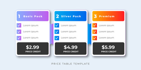 price table modern design price list subscription plans of Ui web element design. Price chat product plan or infographic design template Comparison plan chart colorful design presentation