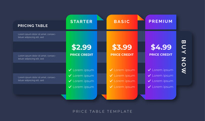 price table modern design price list subscription plans of Ui web element design. Price chat product plan or infographic design template Comparison plan chart colorful design presentation
