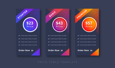 price table modern design price list subscription plans of Ui web element design. Price chat product plan or infographic design template Comparison plan chart colorful design presentation