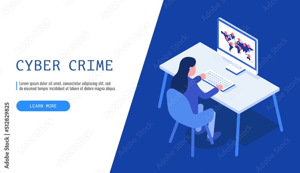 Poster computer hacker woman trying hack the system. web banner, hacker attack concept. vector illustration