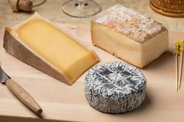 Cheese platter with French and Italian cheese on a cutting board close up  