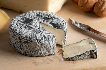  Chevre Anjou, goat cheese, with a black ash mold and a piece close up  on a cutting board 