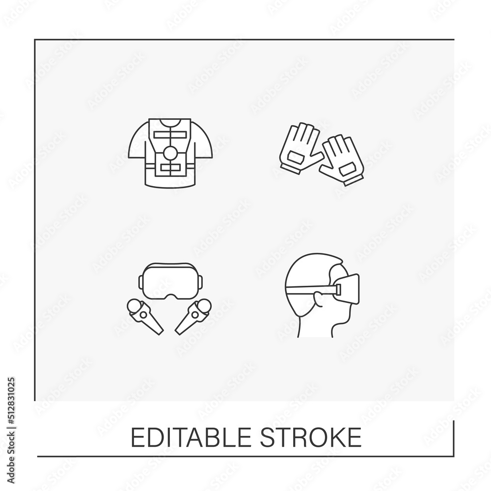 Poster vr line icons set. virtual reality haptic gloves and suit, headset computer, applications etc. moder