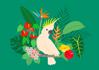 Cockatoo parrot on a branch among tropical plants with a bright flowers. Vector colorful illustration.